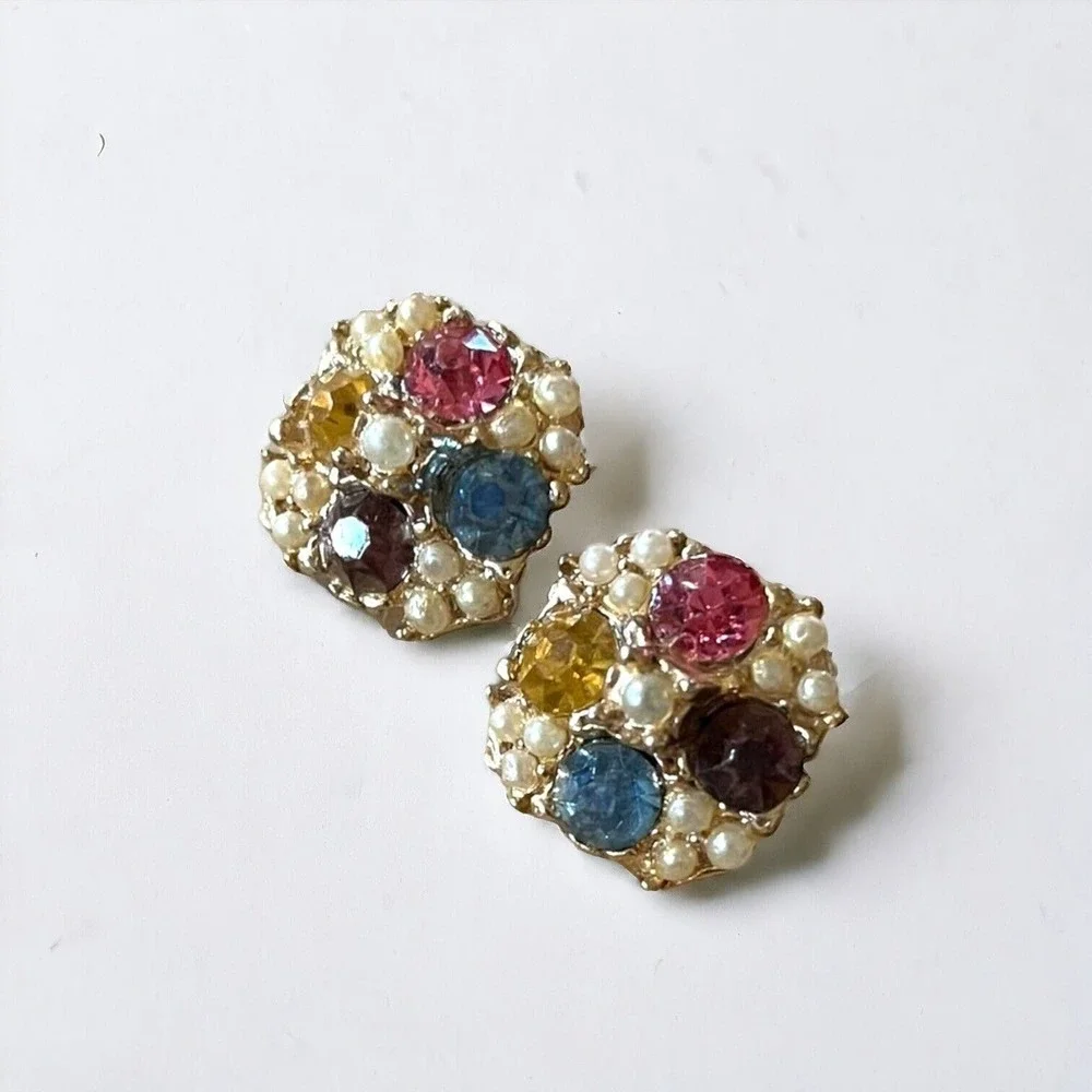 Vintage Pearl Cluster Pink Purple Yellow Blue Rhinestone Clip On Screw Earring